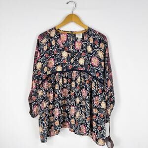 Knox Rose Womens Boho Floral Peasant Top Large Navy Orange